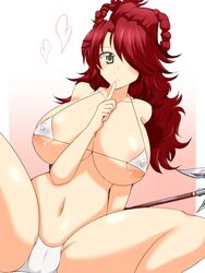 1girls areola_slip bikini blush braid breasts cameltoe cleavage erect_nipples erza_knightwalker fairy_tail hair_over_one_eyes huge_breasts micro_bikini navel red_hair smile solo spread_legs swimsuit wavy_hair weapon wedge yellow_eyes