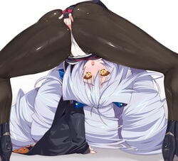 arm_support ass bend bent_over black_legwear blush clothed_masturbation clothing drill_hair female fingering fingering_through_clothes fingerless_gloves flexible gloves kusaka_souji kyoukaisenjou_no_horizon legs long_hair masturbation nate_mitotsudaira open_mouth pantyhose presenting silver_hair simple_background solo spread_legs through_clothes upside-down very_long_hair yellow_eyes