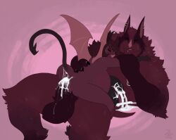 2_penises after_orgasm after_sex anal anal_sex anthro arm_grab arm_tuft balls bat black_sclera bodily_fluids brown_body chimera claws closed_eyes cum cum_drip cum_flow cum_in_ass cum_inside cum_on_balls cum_on_ground cum_on_own_balls cum_on_own_penis cum_on_penis cum_on_self dhalo_(himeros) dripping duo ear_piercing elbow_tuft eros_(erosofhelheim) finger_claws from_behind_position genital_fluids genitals gloves_(marking) hi_res inflation leaning leaning_forward leg_markings looking_aside male male/male mammal markings multi_genitalia multi_penis narrowed_eyebrows narrowed_eyes nude on_lap open_mouth pattern_background penetration penile penile_penetration penis penis_in_ass piercing pink_background sex simple_background size_difference socks_(marking) thedivinetemple tuft