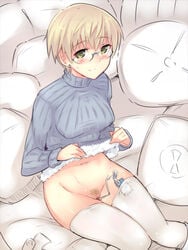 1girls alternate_legwear blonde_hair blush bottomless clothing egg_vibrator em em_(totsuzen_no_hakike) female glasses green_eyes hanna_wind looking_at_viewer masturbation medium_breasts pubic_hair pussy ribbed_sweater sex_toy short_hair sitting smile solo stockings strike_witches sweater thighhighs uncensored vibrator vibrator_in_thighhighs white_legwear