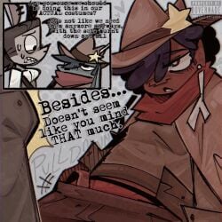 2boys ashton_trueman bandana belt cowboy_hat dialogue dovernade earrings gay gijinka gilbert_kendrick hair_over_one_eye humanization humanized jumpcut! male_only pulling_down_pants rabbit_humanoid star two_panel_image watermark yaoi