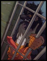 animal_genitalia anthro balls bars black_body black_fur bottomwear canid canine canine_genitalia canis claws clothing domestic_dog fur genitals german_shepherd herding_dog hi_res knot knotted_penis kovvi_young male mammal orange_body orange_fur pants pastoral_dog penis prison prison_uniform prisoners shirt solo tail tank_top teeth topwear white_body white_fur wing_claws wings yellow_eyes