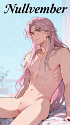ai_generated anime featureless_crotch long_hair male nipples no_genitals no_penis null nullvember pink_hair seedream sitting
