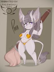 2d_animation 4_fingers animated belly big_breasts big_butt ear_piercing female grey_body grey_hair holding_object horn imp palewdas_arts para_(silvaparas) pasties purple_eyes short_stack shortstack silvaparas simple_background slightly_chubby tagme tail tanga third-party_edit tongue tongue_out
