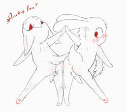 animal_crossing artist_request ass balls blake blush cute dancing english_text feline flynnmerk japanese_text lagomorph male nintendo paws penis rabbit red_eyes rover_(animal_crossing) sketch source_request symmetry text translation_request yaoi year_request