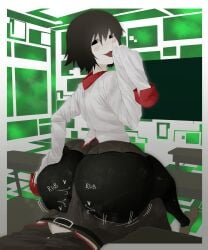 1boy 1other araragi_koyomi ass ass_bigger_than_head ass_focus assjob background big_ass black_eyes black_pantyhose bob_cut buttjob empty_eyes fat_ass gakuran grabbing_ass grabbing_own_ass grinding_on_penis heart huge_ass juliet_sleeves kyokeer long_sleeves monogatari_(series) oshino_ougi pantyhose rubbing_penis school_uniform short_hair shortstack skirt smug swirl_pattern thick_ass voluptuous