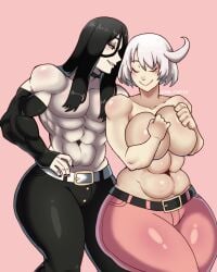 1boy 1girls 2d abs ahoge almost_naked before_sex big_ass big_belly big_breasts big_thighs black_hair breast_press breasts breasts_bigger_than_head breasts_out breasts_squeezed_together choker closed_eyes couple couple_(romantic) covering_breasts elphelt_valentine fangs fat_ass femboy femboy_on_female femboydom feminine_male fighting_game goth guilty_gear guilty_gear_strive hand_on_hip hands_on_breasts huge_ass huge_breasts huge_butt huge_thighs jeans jeans_only light_skin long_hair mr_foxy15 muscular_male nonbinary otoko_no_ko pale_skin pants red_eyes romantic romantic_couple short_hair size_difference testament_(guilty_gear) white_hair