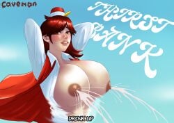 armpit_pose arms_behind_head arms_up bangs big_breasts billowing_cape brown_hair brown_hair_female brunette-haired_female brunette_female brunette_hair clouds collared_shirt crash_zoom exposed_areolae exposed_breasts feather_hair floating flying gold_leaf hat hat_with_leaf huge_breasts jodie jodie_(crash_zoom) lactating lactation large_breasts light-skinned_female light_skin logo milk milk_squirt purple_eyeshadow red_eyes red_vest sky_background slogan smile smile_at_viewer smiling smiling_at_viewer teeth teeth_clenched teeth_showing teeth_visible whirlwind white_dress_shirt