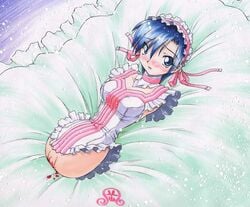 amputee blood blue_eyes blue_hair blush dress headdress looking_at_viewer mebina-tachi_no_gogo quadruple_amputee