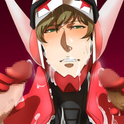 armor barnaby_brooks_jr blonde_hair censored cum cum_on_body disembodied_penis facial gloves green_eyes group_sex helmet male oral penis power_suit threesome tiger_&_bunny turtleneck yaoi