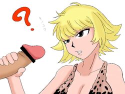 ? artist_request blonde_hair brown_eyes female handjob male marguerite one_piece penis