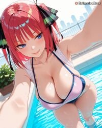 ai_generated armpits bare_shoulders bikini black_ribbon blue_eyes blunt_bangs blush breasts butterfly_hair_ornament cleavage closed_mouth collarbone competition_swimsuit female female_only foreshortening go-toubun_no_hanayome grimoireeros hair_ornament hair_ribbon large_breasts leaning_forward lips looking_at_viewer medium_hair nakano_nino one-piece_swimsuit outdoors outstretched_arms patreon_username pink_hair plant pool poolside red_hair ribbon short_hair skindentation smile solo standing swimsuit thighs two_side_up wading water wet white_one-piece_swimsuit