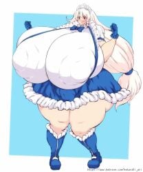 1girls 5:6 animated big_breasts blonde_hair bouncing_breasts breast_expansion breasts breasts_bigger_than_head clothing enormous_breasts expansion female female_only gigantic_breasts grabbing_own_breast growth hammerspace hataraki_ari huge_breasts looking_at_viewer maid maid_uniform nipple_bulge red_eyes solo solo_female tagme video