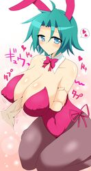 <3 animal_ears big_breasts blue_eyes blue_hair blush breasts bunnysuit cleavage female green_hair highres huge_breasts human inubousaki_ayako male original paizuri pantyhose penis straight uncensored veins wedge