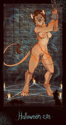 anthro blue_eyes bondage breasts brown_hair candle chains cobweb feline female feral hair halloween lights lion lioness looking_at_viewer magic nipples nude pentagram pussy rat ritual rodent seskata solo standing