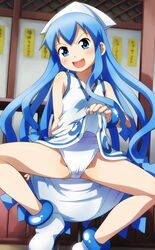 blue_eyes blue_hair dress dress_lift hat highres ikamusume one-piece_swimsuit sameha_ikuya shinryaku!_ikamusume sitting smile spread_legs swimsuit swimsuit_under_clothes tentacle tentacle_hair