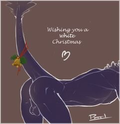 ass bell bent_over blue dragon feathers male male_only mistletoe nude orion pheel plain_background pose presenting presenting_hindquarters raised_tail scalie scrotum solo submissive tail testicles unfinished