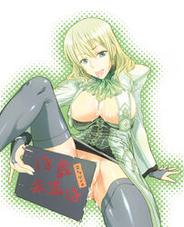 blue_eyes border_break breasts cleavage clipboard cum fiona_(border_break) sitting thighhighs tongue