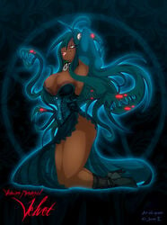 beauty_mark big_breasts blue_corset blue_hair breasts brown_skin collar corset dark_skin drow jessica_elwood matypup mole mole_under_eye monster_girl red_eyes snake_hair