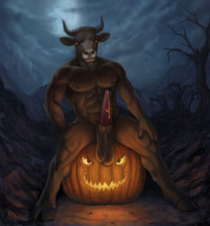 1boy anthro balls erection halloween hooves horn male male_only minotaur morticus penis precum pumpkin solo