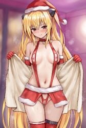 blonde_hair blush breasts censored clothing collarbone commission female gloves hat highres holding holding_towel konjiki_no_yami long_hair looking_at_viewer medium_breasts mosaic_censoring navel nipple_cutout pussy r-binon red_eyes red_gloves red_hat red_skirt red_slingshot_swimsuit red_thighhighs revealing_clothes santa_gloves santa_hat skeb_commission skirt slingshot_swimsuit small_breasts solo standing stockings swimsuit thigh_strap thighhighs thighs to_love-ru to_love-ru_darkness towel two_side_up very_long_hair