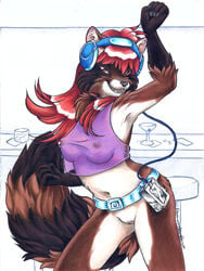 2003 anthro bottomless breasts dancing female headphones kacey looking_at_viewer pussy raccoon skimpy solo