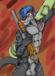 abs android anthro balls blue_hair cyborg feline fur furry gun hair male male_only muscles nude panther penis ranged_weapon red_eyes robotic_reveal rocket_launcher shotgun tail weapon