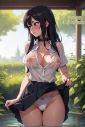 1girls ai_generated black_hair blush collar long_hair nipple_bulge nipples_visible_through_clothing panties school_uniform schoolgirl skirt_lift wet wet_clothes wet_shirt white_panties