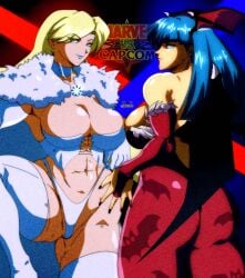 2girls abs anime_style ass big_ass blonde_female blonde_hair blue_eyes breasts capcom crossover darkstalkers dat_ass emma_frost female female_only fit_female green_hair hellfire_club large_breasts marvel marvel_comics marvel_vs._capcom morrigan_aensland solidvito_(artist) succubus thong thong_leotard white_queen wings_on_head x-men