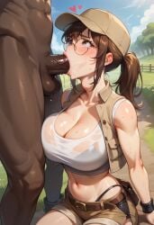 1boy 1boy1girl 1girls ai_generated bangs baseball_cap beige_vest belt blush blush brown_hair brown_headwear cleavage crop_top dark-skinned_male dark_skin deepthroat fellatio fio_germi glasses heart hearts_around_head hi_res huge_breasts interracial large_breasts light-skinned_female light_skin long_hair looking_at_partner looking_up loving_it metal_slug midriff navel oral oral_penetration outdoors outside ponytail round_eyewear saliva senzoai shorts sidelocks sleveless stable_diffusion tagme tank_top tears vest wristband