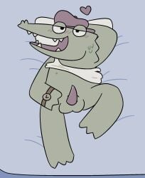 2021 alligator alligatorid animal_genitalia animal_penis anthro balls bed bedroom_eyes blush clock clothed clothing crocodilian digital_media_(artwork) erection furniture genitals green_body hand_behind_head hat head_on_pillow headgear headwear heart_symbol hi_res later_alligator looking_at_viewer male mostly_nude narrowed_eyes nipples open_mouth pawplants penis pillow pillowfight raised_clothing raised_shirt raised_topwear reptile scalie seductive shirt slick_mickey smallbu solo tank_top teeth toony topwear watch white_clothing white_shirt white_tank_top white_topwear