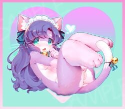 animal_ears anus bell between_legs blush bow breasts cat_ears cat_tail female furry green_eyes hand_between_legs highres jingle_bell legs_together long_hair looking_at_viewer lying maid_headdress medium_breasts nude oerba_yun_fang on_back original pdnthesqueakqul pink_fur puckered_anus purple_hair pussy red_bow skin_fang solo tail white_fur