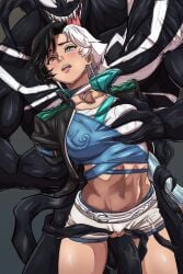 arm_grab breast_grab choker covered_nipples deabound ear_piercing grope heterochromia leather_jacket luna_snow_(marvel_rivals) marvel_rivals medium_breasts molestation multicolored_hair shirt shorts simple_background tentacle tentacles_under_clothes venom_(marvel) white_shorts