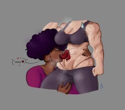 2girls abs afro after_workout alex_(mister_blueee) chocolate_and_vanilla dark-skinned_female dark_elf dark_skin female_only girlfriends human humanoid layla_(mister_blueee) licking licking_abs licking_belly light-skinned_female light_skin mister_blueee muscular muscular_female oc original original_character partial_female purple_hair sweat sweatdrop sweatpants tagme yuri