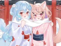 2girls :d ahoge animal_ear_fluff animal_ears bangs bao_(vtuber) blonde_hair blue_hair blue_kimono blurry blurry_background blush day depth_of_field eyebrows_visible_through_hair floral_print flower hair_between_eyes hair_flower hair_ornament japanese_clothes kimono long_hair long_sleeves looking_at_viewer multiple_girls obi oerba_yun_fang one_side_up open_mouth outdoors print_kimono red_eyes red_umbrella sash scarf side_ponytail sleeves_past_wrists smile snowing squchan_(vtuber) tail torii very_long_hair vyugen white_kimono wide_sleeves