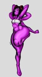 5_eyes blush color fangs female hands_behind_back hands_behind_head huge_thighs looking_at_viewer mirci monster_girl muffet muscles muscular muscular_female no_panties no_visible_genitalia one_leg_up simple_background spider_girl spider_web thick_thighs unconventional_clothing undertale undertale_(series)