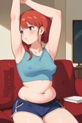 1girls ai_generated bittersweetnaightshade chubby chubby_female living_room medium_breasts nipple_bulge nipples_visible_through_clothing pudgy_belly red_hair shorts sports_bra stretching