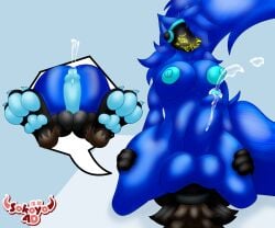 3_toes 4_fingers animal_humanoid anthro ass balls big_balls big_breasts big_feet big_penis blue_body blue_fur blue_hair bodily_fluids breasts canid canine claws cum cybernetics cyborg duo erect_nipples erection facesitting feet fingers fur genital_fluids genitals gynomorph hair hand_on_hip hi_res huge_balls huge_cock humanoid hyper hyper_balls hyper_genitalia hyper_penis intersex intersex/male long_tail looking_down looking_pleasured machine male mammal mammal_humanoid nipples nude pawpads paws penile penis protogen protogen_visor sitting_on_another sokoyo_owo starry_(sokoyo_owo) tail toes yellow_eyes