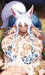 1boy 1girls ai_generated black_body breasts_bigger_than_head cum cum_drip cum_on_body cum_on_breasts cum_on_face cumshot dark-skinned_female engulfing_paizuri enormous_breasts excessive_cum farm farm_girl farmer farmgirl fox_ears fox_girl fox_tail ftggtgg gigantic_breasts green_eyes huge_breasts hyper_breasts kitsune large_breasts massive_breasts paizuri paizuri_lead_by_female white_hair