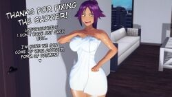 1girls bleach dark-skinned_female dialogue nakadashi_(artist) purple_hair purple_hair_female shihouin_yoruichi shihouin_yoruichi towel towel_covering_breasts towel_only yellow_eyes