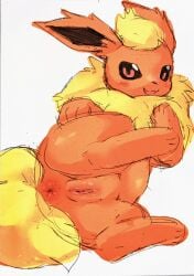 anus black_sclera blush blush_lines eeveelution female female_feral feral flareon fluffy fluffy_tail fur generation_1_pokemon genitals hand_on_leg hand_on_thigh hi_res looking_at_viewer neck_tuft nintendo open_mouth open_smile orange_body orange_ears orange_fur pointy_ears pokemon pokemon_(species) presenting presenting_anus presenting_pussy pu_sukebe pussy red_eyes simple_background smile solo tail tuft white_background yellow_tail