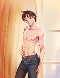 1boy brown_hair cute_male shirtless smile