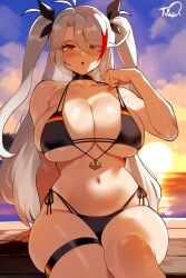 1girls ai_generated azur_lane beach big_breasts bikini breasts female female_focus huge_breasts large_breasts light-skinned_female looking_at_viewer navel prinz_eugen_(azur_lane) prinz_eugen_(unfading_smile)_(azur_lane) sunset thick_thighs thighs twintails white_hair yellow_eyes