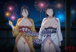 2girls breasts breasts_out fireworks hyuuga_hanabi hyuuga_hinata kimono large_breasts new_year new_year_2025 night nyxworks standing