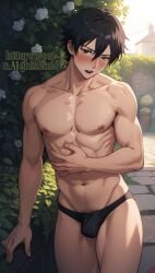 1boy ai_generated bittersweetnaightshade blush blush bulge embarrassed speedo