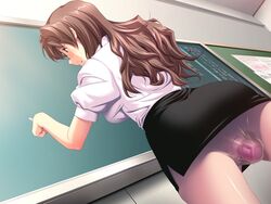 blackboard blush brown_hair clothed_masturbation clothing discreet_vibrator female glasses lips masturbation mole mole_under_mouth pantyhose school solo teacher upskirt vibrator vibrator_bulge