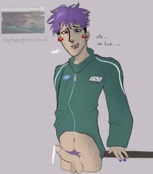 biting_tongue blush dyed_pubes ejaculation erect_penis handsfree_ejaculation male_only painted_nails player_230 pubic_hair purple_hair squid_game thanos_squid_game