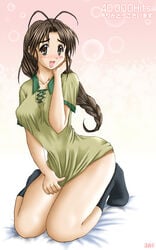 385_(artist) blush bottomless brown_eyes brown_hair bubble_background footwear long_hair love_hina milestone_celebration otohime_mutsumi shirt shirt_pull shirt_tug smile smiling socks