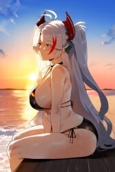 1girls ai_generated azur_lane beach big_breasts bikini breasts female female_focus huge_breasts large_breasts light-skinned_female prinz_eugen_(azur_lane) prinz_eugen_(unfading_smile)_(azur_lane) smiling sunset thick_thighs thighs twintails white_hair yellow_eyes