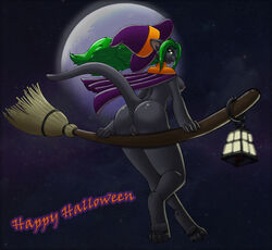 anthro anus ass broom cape darknurse english_text feline female flying fur furry green_hair hair halloween hat headgear hindpaw lantern long_hair looking_at_viewer magic_user moon night pawpads paws pussy sitting star tail text witch witch_hat